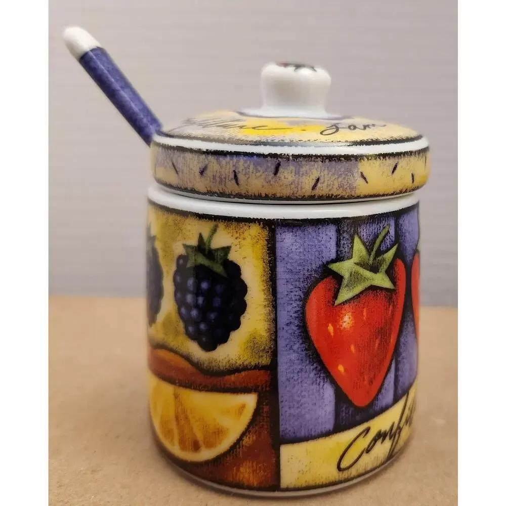 MSC Joie de Vivre Ceramic Jam Jar with Lid & Spoon | Fruit Pattern Confiture Pot